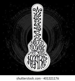 Icon of guitar case. Made from words.Hand drawn hipster interior poster. 