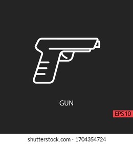 Icon gun line, outline vector sign, linear style pictogram isolated on black. Contains such Law, Justice, Business and Legal. Sign or symbol