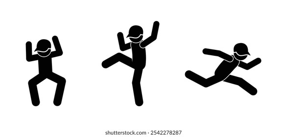 icon guy in cap dancing and running, stick figure set of human silhouettes, stickman isolated on white, people illustration