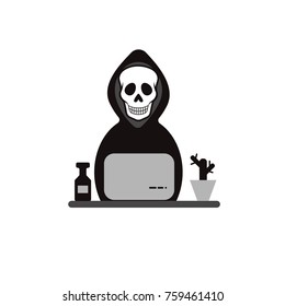 Icon hacker. Death works at computer. Data theft, security, hack. Vector illustration