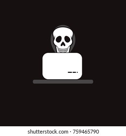 Icon hacker. Death works at computer. Data theft, security, hack. Vector illustration