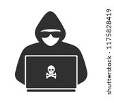 Icon of a hacker with a laptop. Silhouette. Vector illustration.