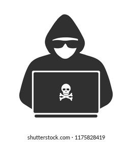 Icon of a hacker with a laptop. Silhouette. Vector illustration.