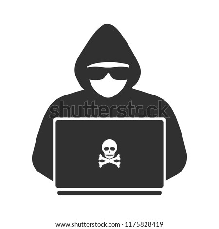 Icon of a hacker with a laptop. Silhouette. Vector illustration.
