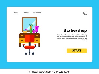 Icon of hairdressers workplace with table, mirror, armchair and cutting instruments. Barbershop concept. Can be useful for topics like barbershop, hair style, interior, beauty or hairdressing