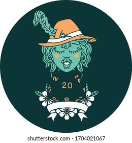 icon of half orc bard with natural 20 dice roll