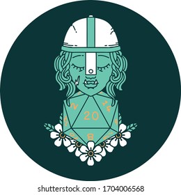 icon of half orc fighter character with natural twenty dice roll
