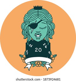 icon of half orc rogue character with natural twenty dice roll