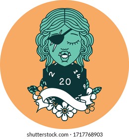 icon of half orc rogue with natural twenty dice roll