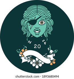 icon of half orc rogue with natural twenty dice roll