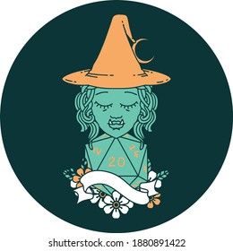 icon of half orc witch character with natural twenty dice roll