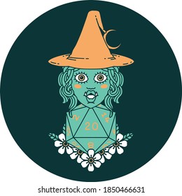 icon of half orc witch with natural twenty dice roll