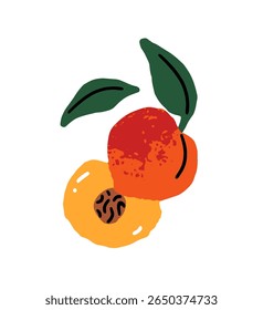 Icon of half of peach with stone. Pieces of ripe apricot, nectarine with green leaves. Fresh exotic fruit, food, garden crop for healthy eating. Flat hand drawn isolated vector illustration on white