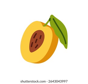 Icon of half of ripe peach with stone. Cut nectarine with leaf. Piece of apricot. Tropical fruit for healthy eating, food. Crop of exotic garden. Flat isolated vector illustration on white background