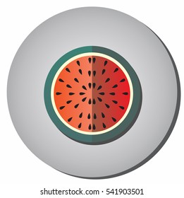 Icon half ripe red watermelon with seeds in a flat style on a gray background. Illustration of healthy food