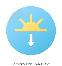 Icon Half sun and downward arrow. Symbol of sunset. Sky and weather design element. Round Isolated vector illustration.
