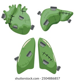 Ikone für Halloween grüne Lungen, Herz und Leber des Frankenstein Monsters mit Narben und Bolzen, Vektor