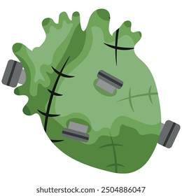 icon for the Halloween holiday green Frankstein monster heart with valves, scars and bolts, vector