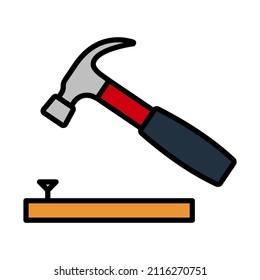 Icon Of Hammer Beat To Nail. Editable Bold Outline With Color Fill Design. Vector Illustration.