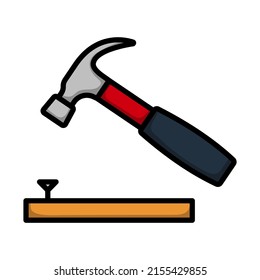 Icon Of Hammer Beat To Nail. Editable Bold Outline With Color Fill Design. Vector Illustration.