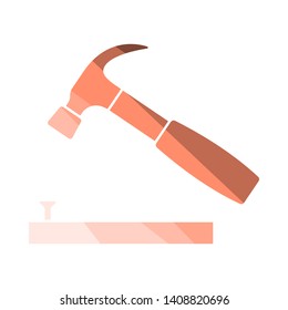 Icon Of Hammer Beat To Nail. Flat Color Ladder Design. Vector Illustration.