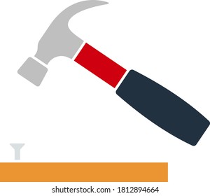 Icon Of Hammer Beat To Nail. Flat Color Design. Vector Illustration.