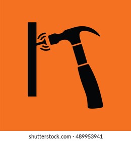Icon of hammer beat to nail. Orange background with black. Vector illustration.