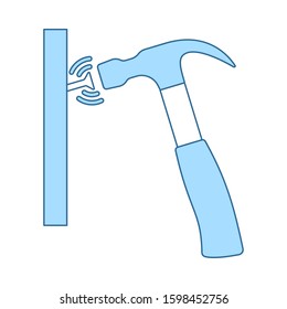 Icon Of Hammer Beat To Nail. Thin Line With Blue Fill Design. Vector Illustration.