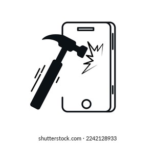 Icon hammer breaking glass. Vector on transparent background.
