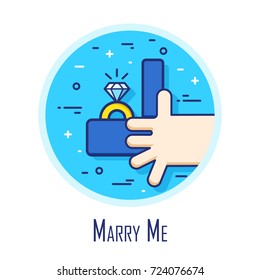 Icon with hand, box with and engagement ring. Thin line flat design card. Vector.