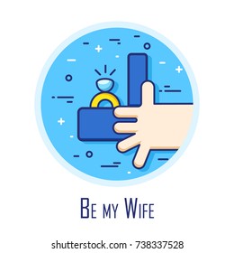 Icon with hand, box and ring in a colored circle. Thin line flat design. Vector card.