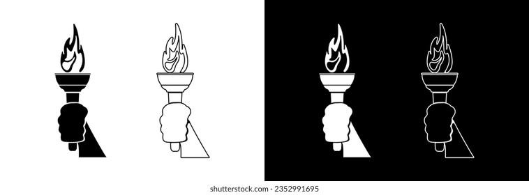 Icono de una mano con una antorcha ardiente sobre un fondo blanco y negro.