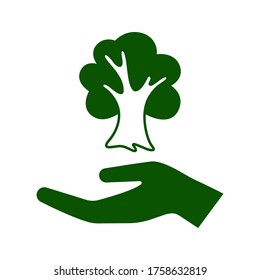 Icon of hand carefully holding green tree. Symbol of ecology, environmental awareness, nature protection concept. Vector Illustration