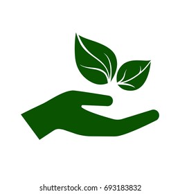 Icon of hand carefully holding green leaves. Symbol of ecology, environmental awareness, nature protection concept. Vector Illustration