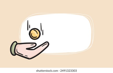 Icono de la mano atrapando una moneda. Fondo de Vector simple con lugar para texto para etiqueta engomada, etiqueta de Precio, etiqueta. Dibujado a mano ilustración. Concepto de negocio, finanzas, ventas y acciones.