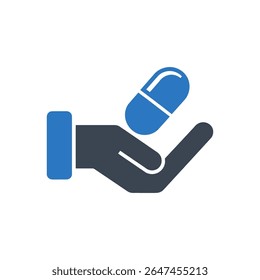 Icono de una mano que coge una píldora que cae