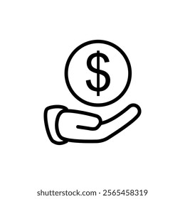icon of hand with coins, simple flat style, illustration, logo sign symbol pictogram template, for ui or ux isolated on white for mobile app, editable