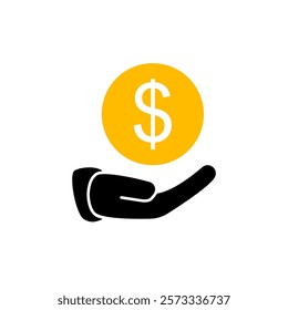 icon of hand with coins, simple flat style, illustration, logo sign symbol pictogram template, for ui or ux isolated on white for mobile app, editable