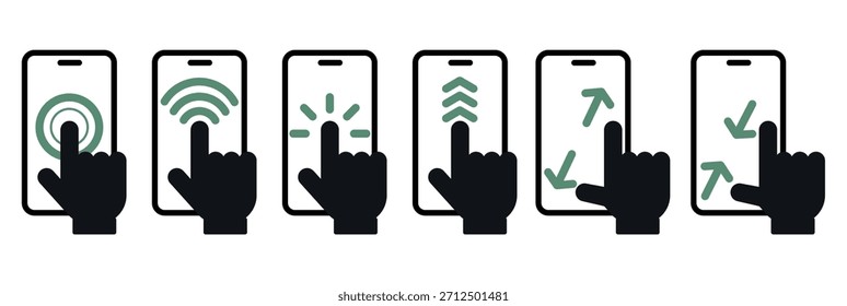 Symbolhand mit verschiedenen Bewegungen des Zeigefingers auf dem Touchscreen des Smartphones. Bildlauf- oder Wischgeste. Forefinger-Klopfen. Zoomen des Telefondisplays. Drücken am mobilen Bildschirm. Armbewegung, Vektorsatz