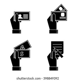icon hand and document. A silhouette of hands with the passport, with credit cards, with money and the questionnaire on a white background