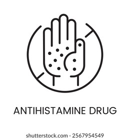 An icon of a hand with dots inside a circle in vector, representing allergy symptoms and antihistamine treatment, with an editable stroke.