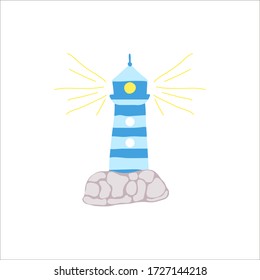 Icon of hand draw blue ighthouse with stones and rays. Isolated vector illustration. As print, emblem for logo, for graphic design. Doodle style.