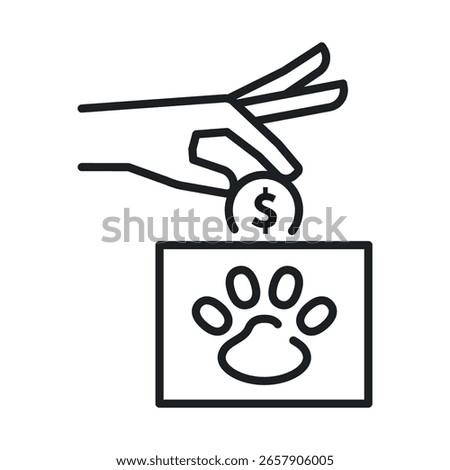 An icon of a hand dropping a coin into a donation box marked with a paw print, symbolizing support for animal shelters and their efforts to care for animals in need.