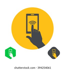 Icon a hand finger on the touch screen of phone. A vector illustration in flat style.