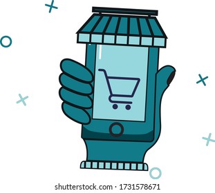 icon of hand grabbing cell phone showing image of online shopping black and blue lines vector illustration with white background coronavirus 2019 health online