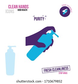 Icon of a hand holding a bottle with an antiseptic or liquid soap.