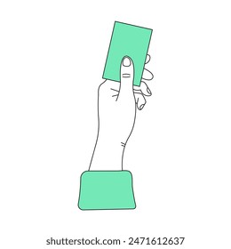 Icon hand holding card, ticket. Line hand drawn vector illustration