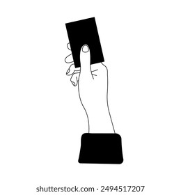 Icon hand holding card, ticket. Line hand drawn black and white vector illustration