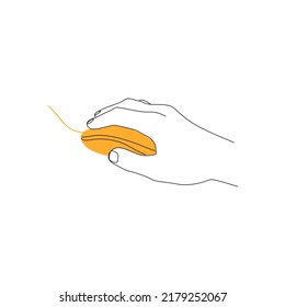 Mano de icono sujetando el ratón del ordenador, la tecnología. Manipulador de dibujo vectorial, puntero, estilo plano sobre un fondo aislado blanco. Estilo de línea, esbozo, símbolo, minimalismo