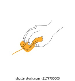 Icon hand holding computer mouse, technology. Vector drawing manipulator, pointer, flat style on a white isolated background. Line style, sketch, symbol, minimalism